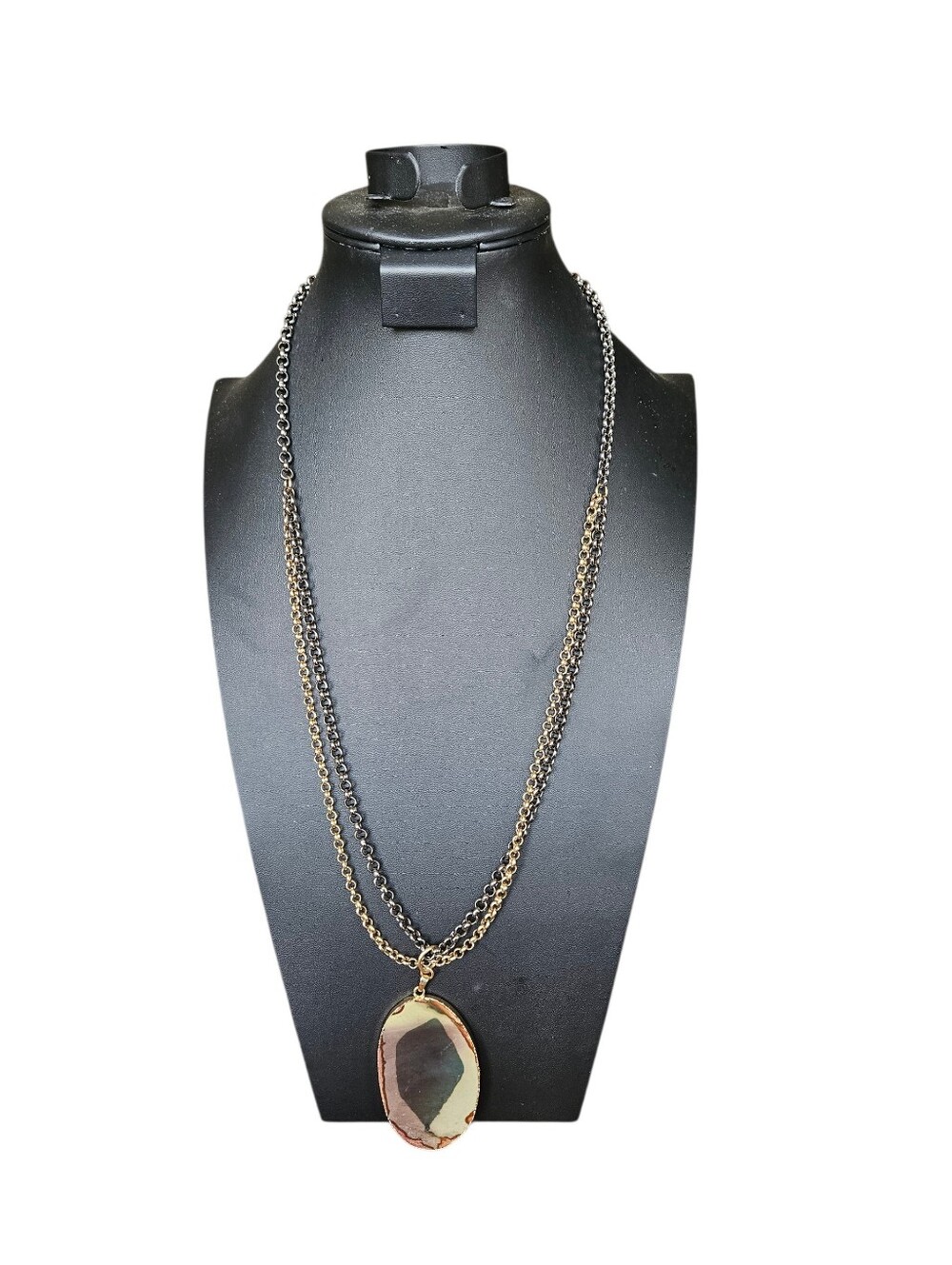 Silver And Goldtone Chain With Stone Pendant 30"
